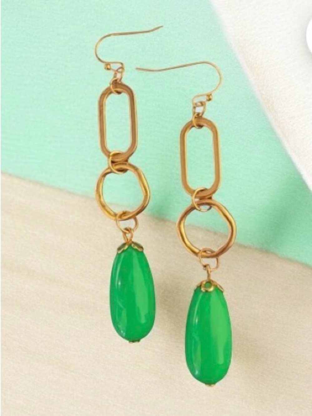 Gold-Tone Drop Earrings with Green Teardrop Dangle Beads. NWOT